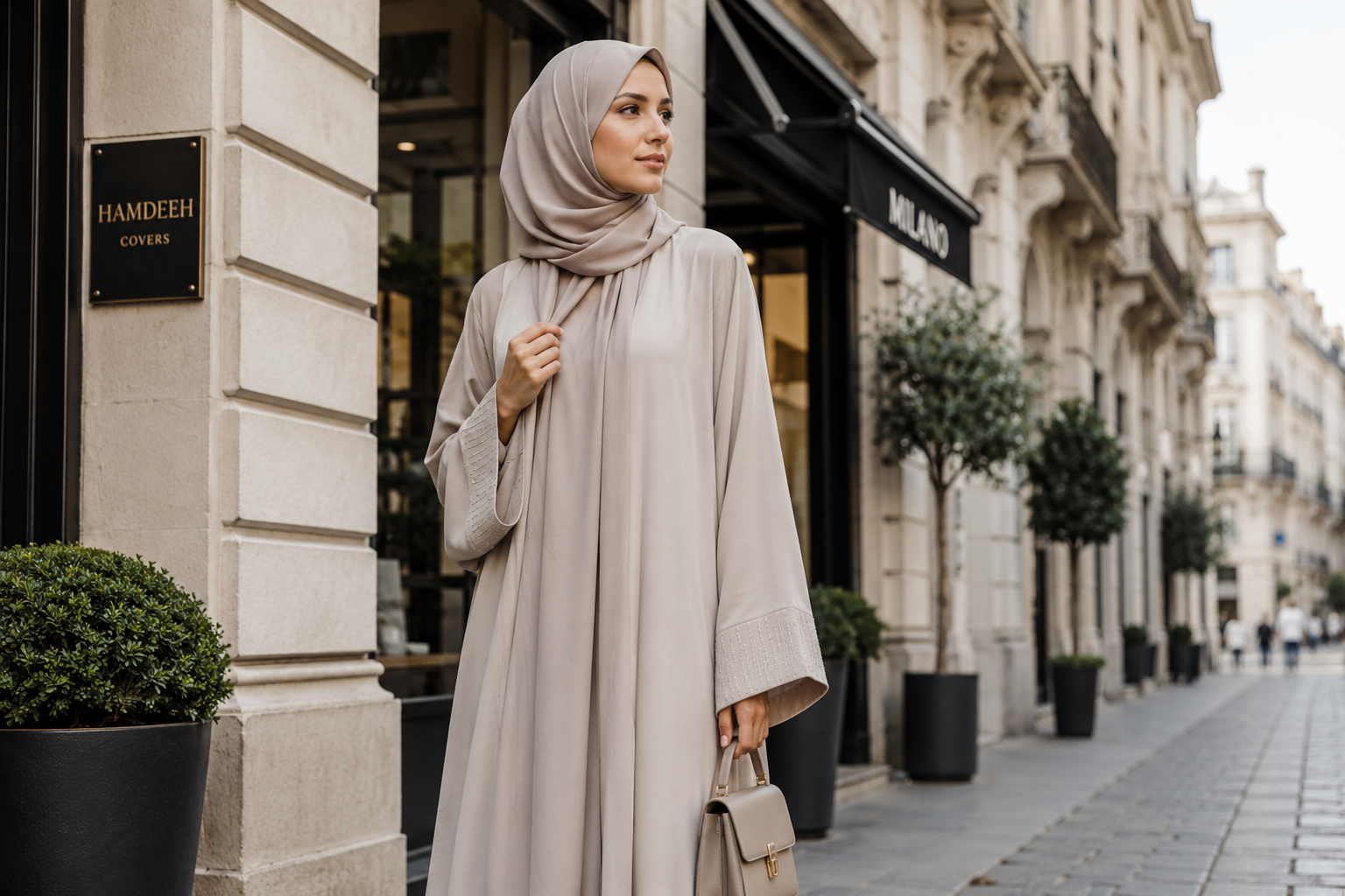 Elegant woman wearing premium modest fashion by Hamdeeh Covers