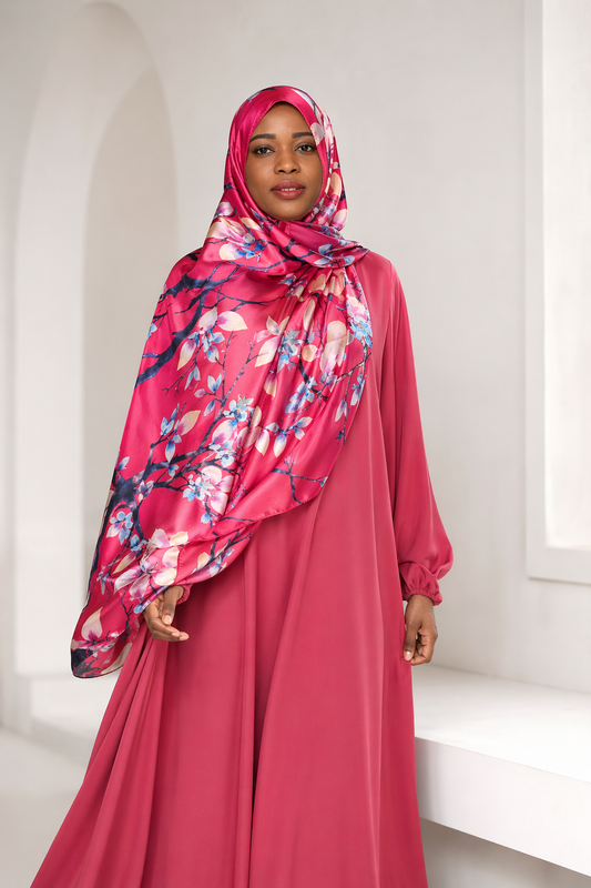 Floral Satin Hijab – Pink Blossom Print